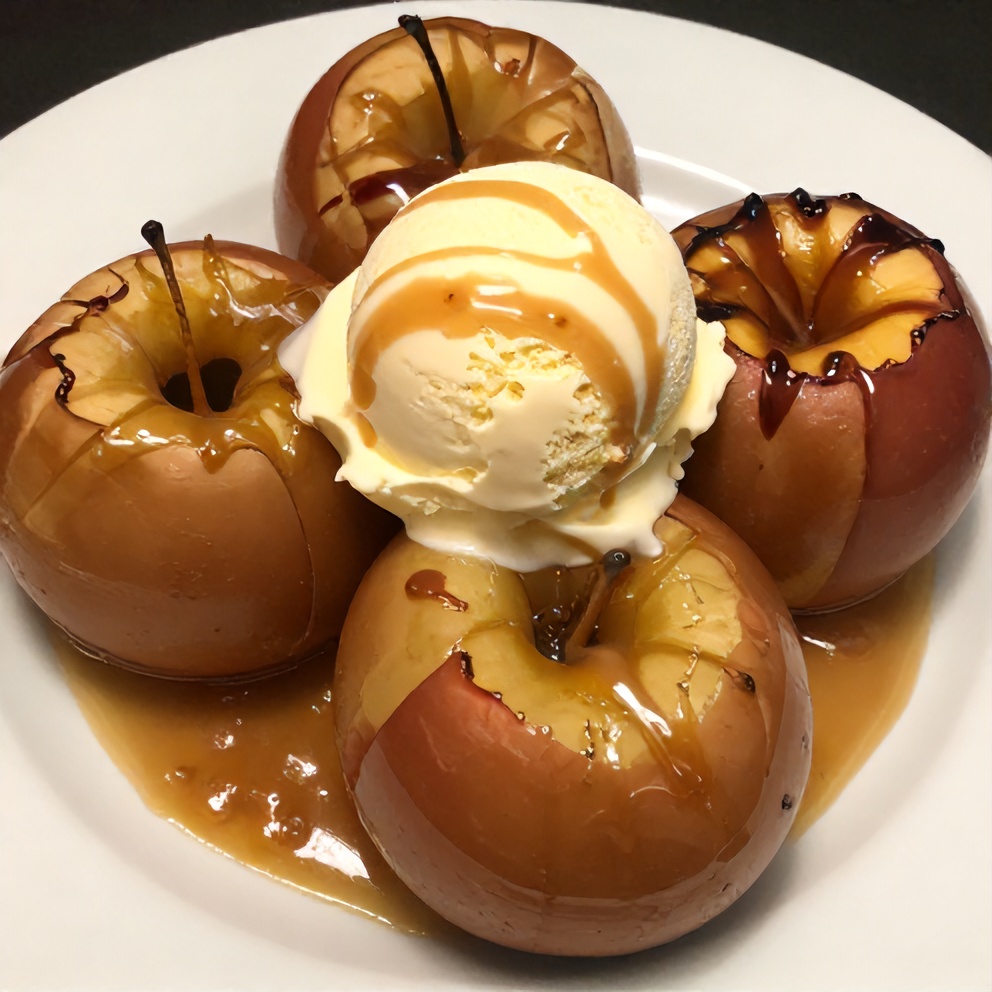Baked Caramel Stuffed Apples on a white plate with a scoop of vanilla ice cream