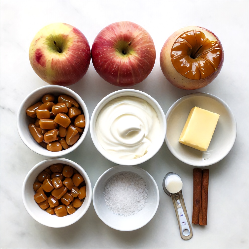 Raw ingredients for Baked Caramel Stuffed Apples on a marble surface