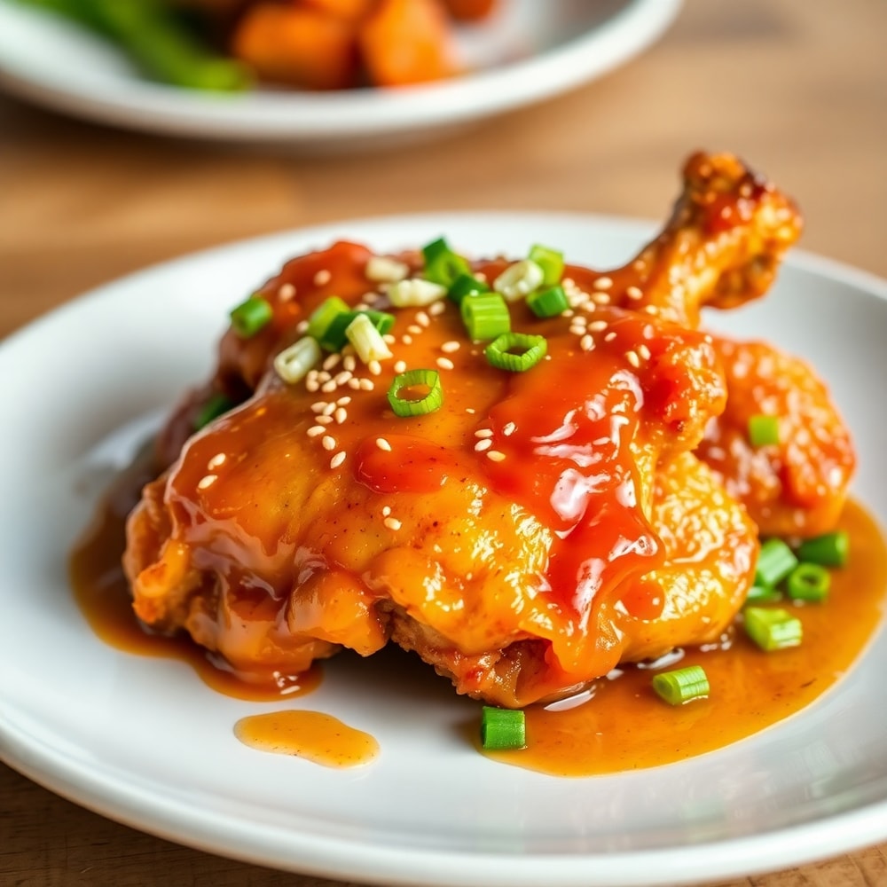 Plated Crispy Honey Garlic Chicken with green onions