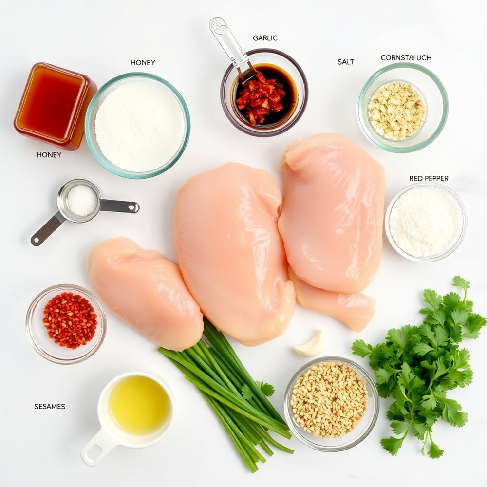 Raw ingredients for Baked Crunchy Hot Honey Chicken on a white marble surface