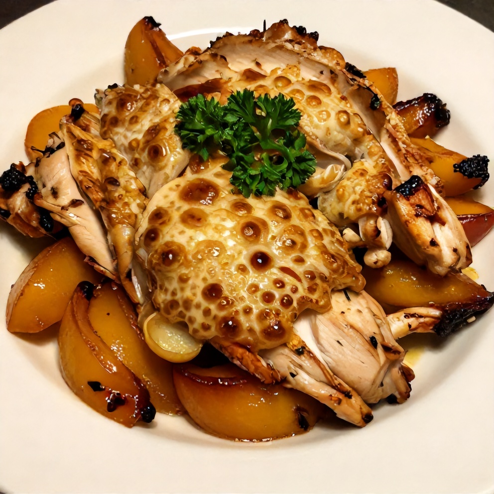 Plated BBQ Chicken Peach Bake with fresh parsley