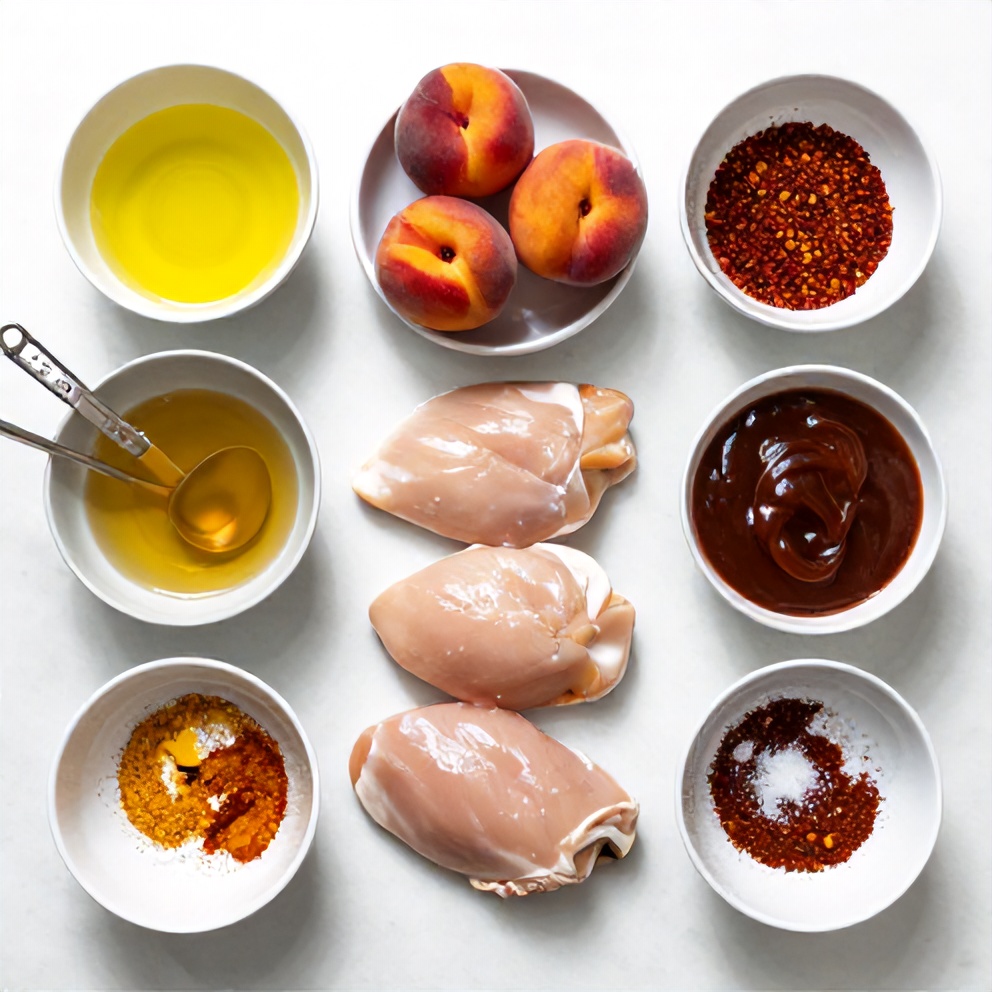 Raw ingredients for BBQ Chicken Peach Bake on a marble surface