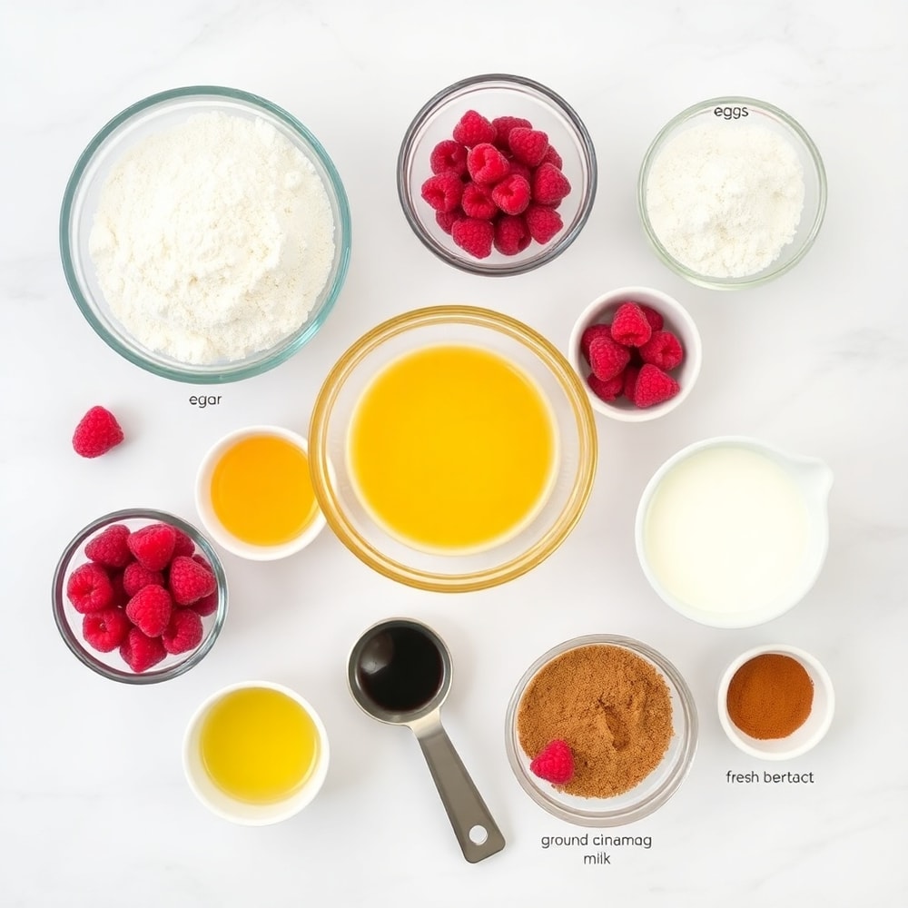 Raspberry Bread ingredients on a marble surface