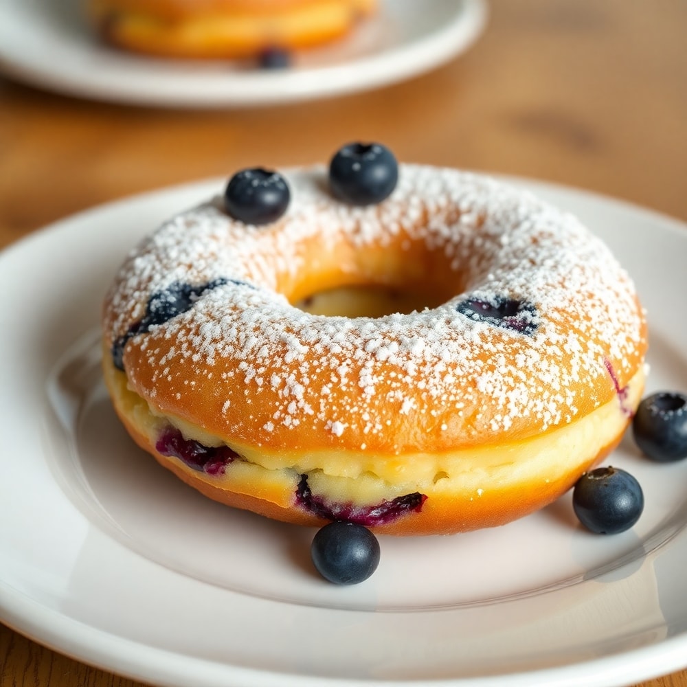 Plated Blueberry Cake Donut with powdered sugar on a white plate