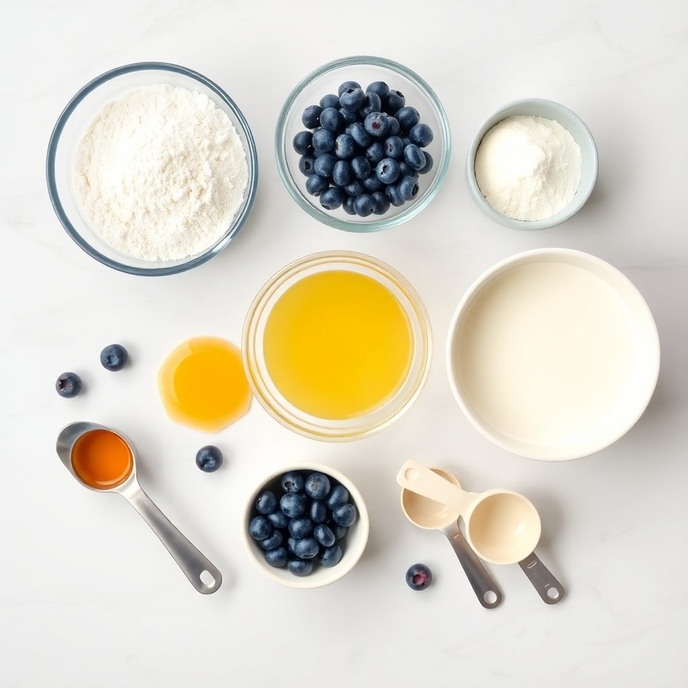 Raw ingredients for Blueberry Cake Donuts arranged on a marble surface