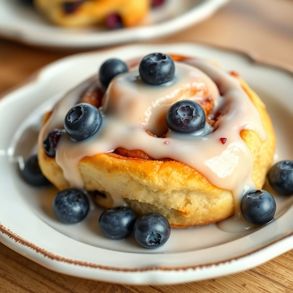 Plated Blueberry Cinnamon Roll with cream cheese icing