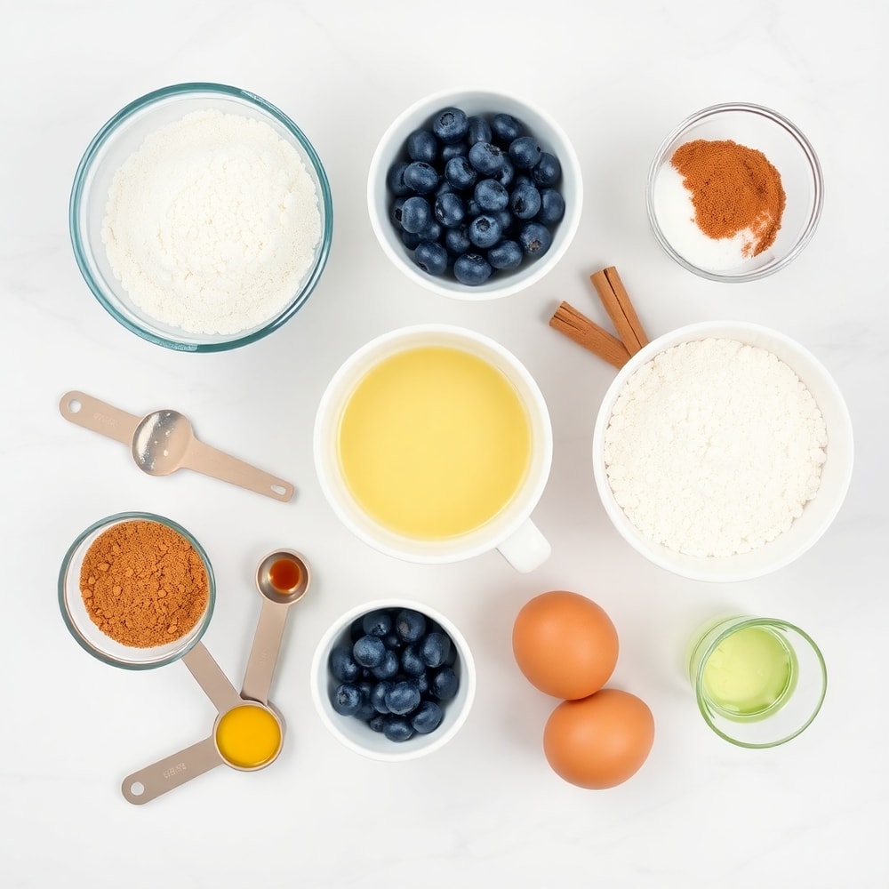 Raw ingredients for Blueberry Cinnamon Rolls including flour, yeast, blueberries, and cinnamon