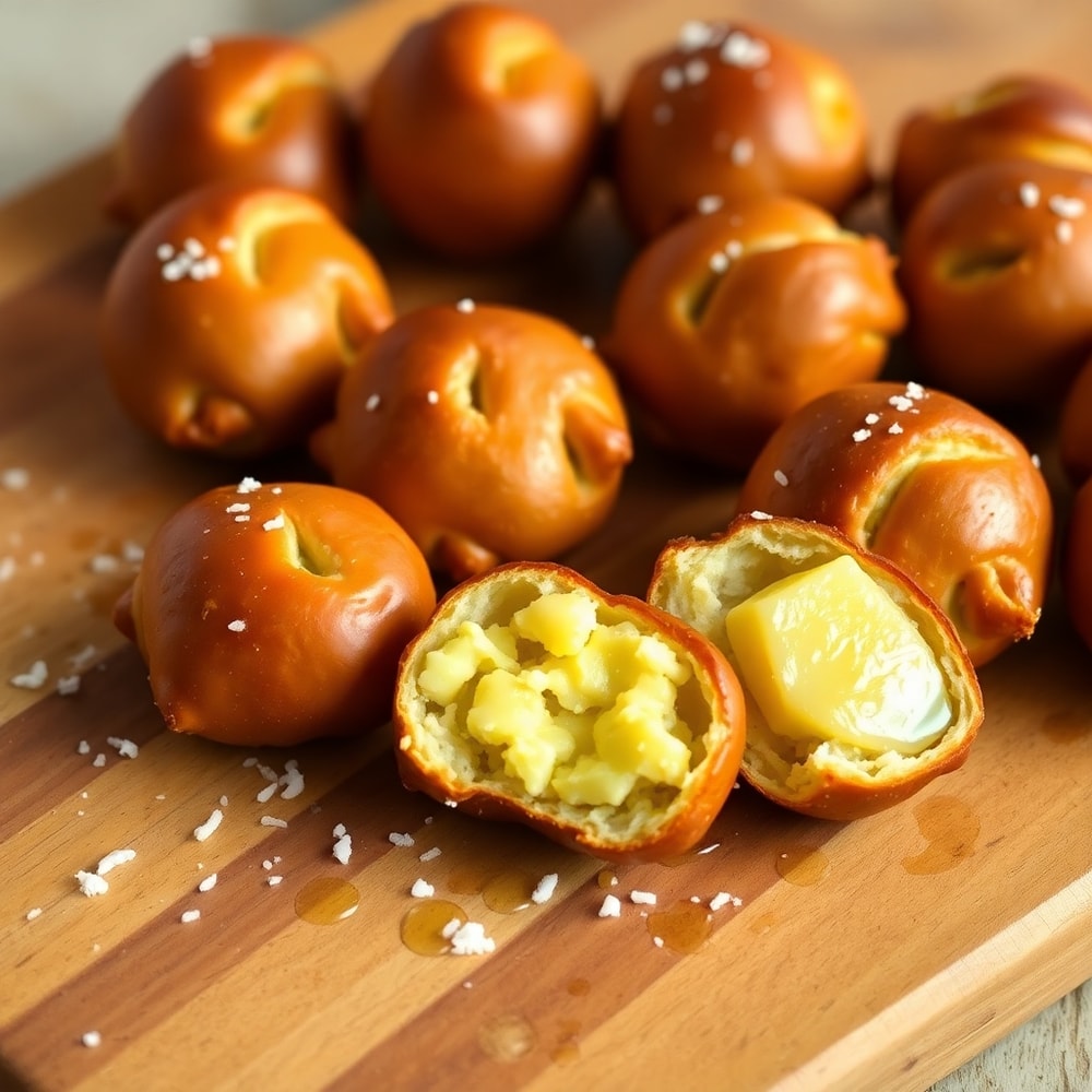 Pretzel bites on a wooden board with melted butter and coarse salt