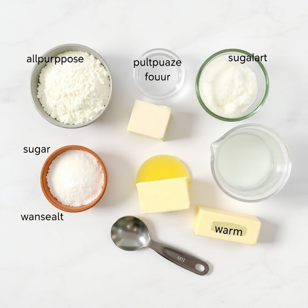 Flat lay of ingredients including flour, yeast, salt, water, and melted butter