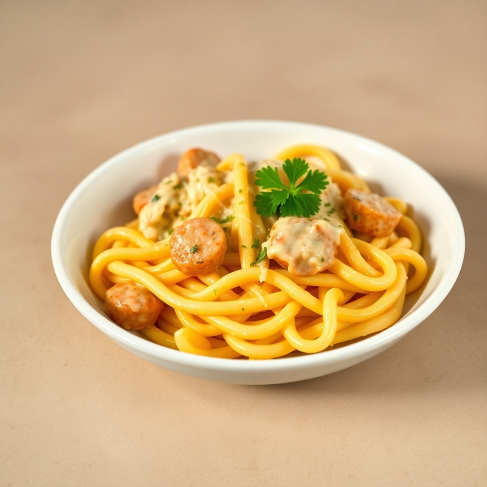 Plated Cheesy Chicken and Sausage Pasta