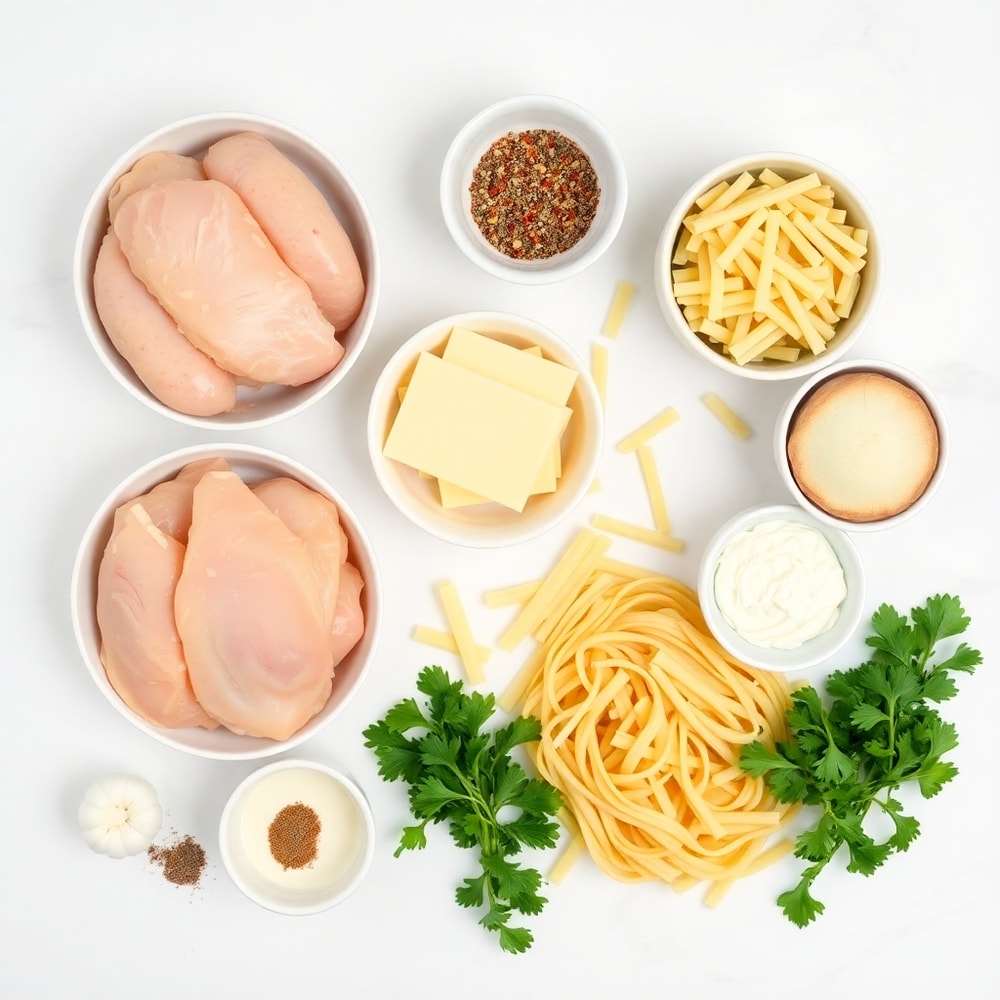 Raw ingredients for Cheesy Chicken and Sausage Pasta