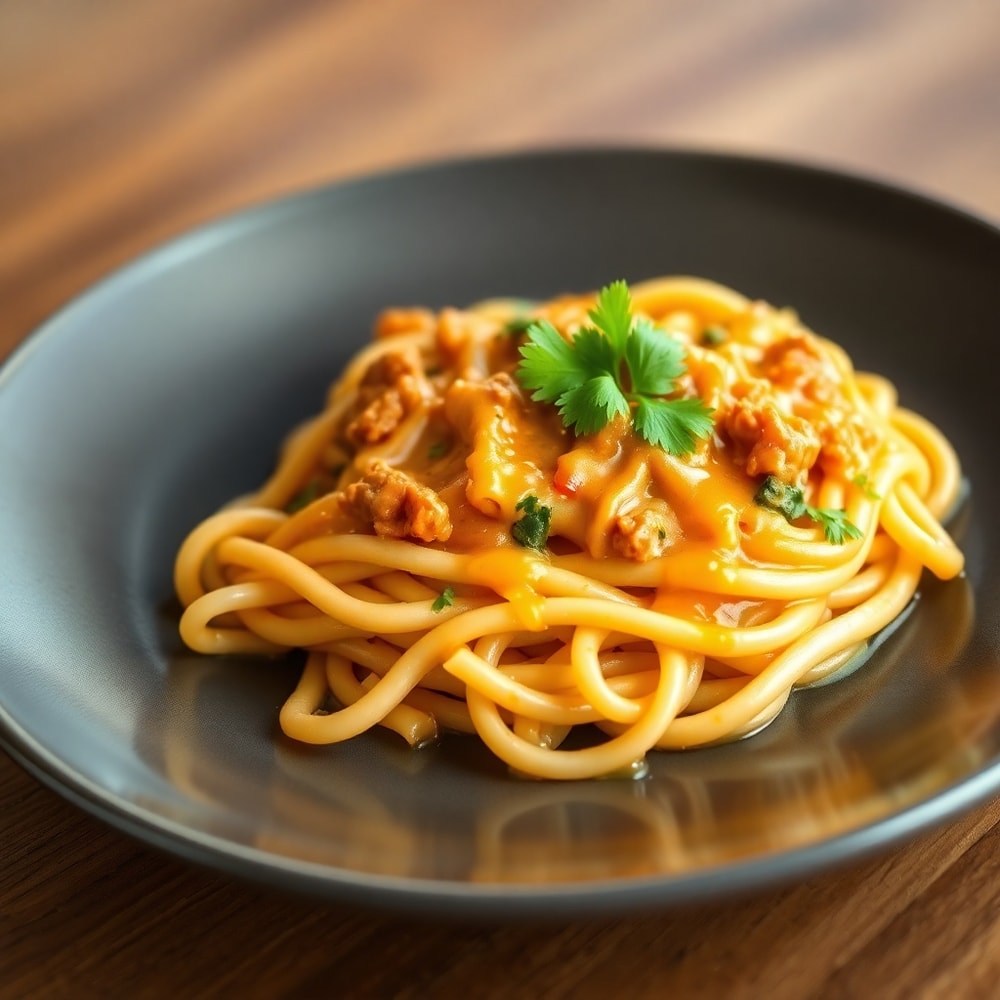 Cheesy Taco Pasta filling the frame at a 35-degree angle, showing bubbling cheese and crispy taco toppings