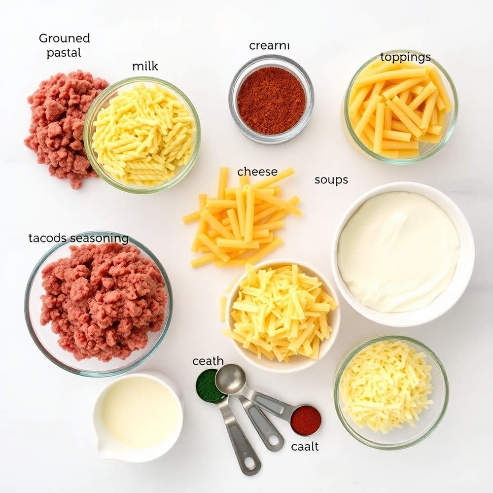 Raw ingredients for Cheesy Taco Pasta in an overhead flat lay, including ground beef, pasta, and taco seasoning