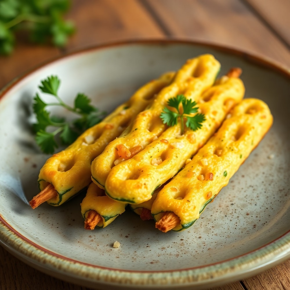 One perfect plated serving of cheesy zucchini breadsticks on a rustic plate, garnished with fresh parsley.