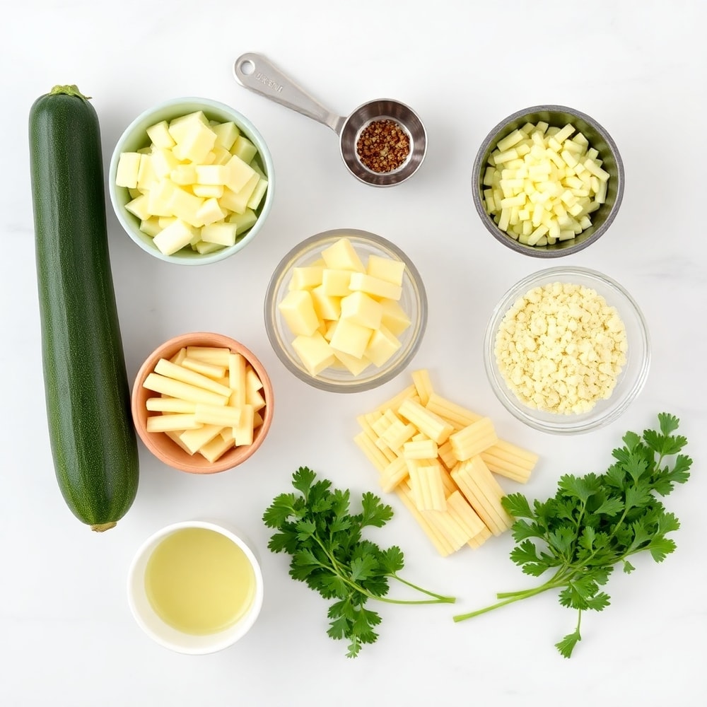 Raw ingredients for cheesy zucchini breadsticks arranged in an overhead flat lay, including zucchini, cheese, and garlic.