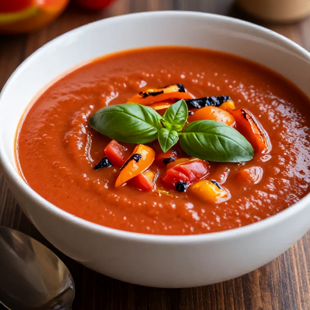 One perfect serving of Chilled Mediterranean Tomato and Roasted Pepper Soup in a bowl, garnished with fresh basil, with a close crop and warm side lighting