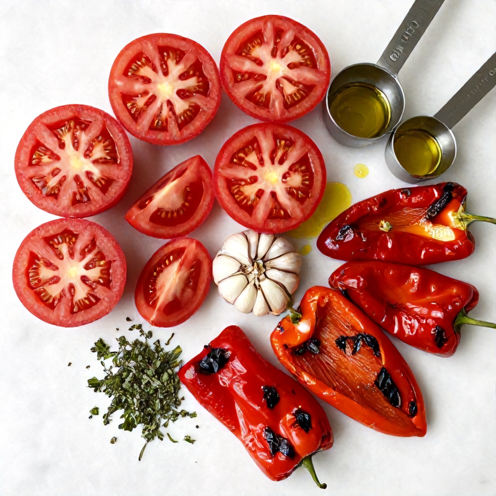 Overhead flat lay of fresh tomatoes, roasted peppers, garlic, olive oil, and herbs, with measuring spoons and bowls visible on a white marble surface under bright even light