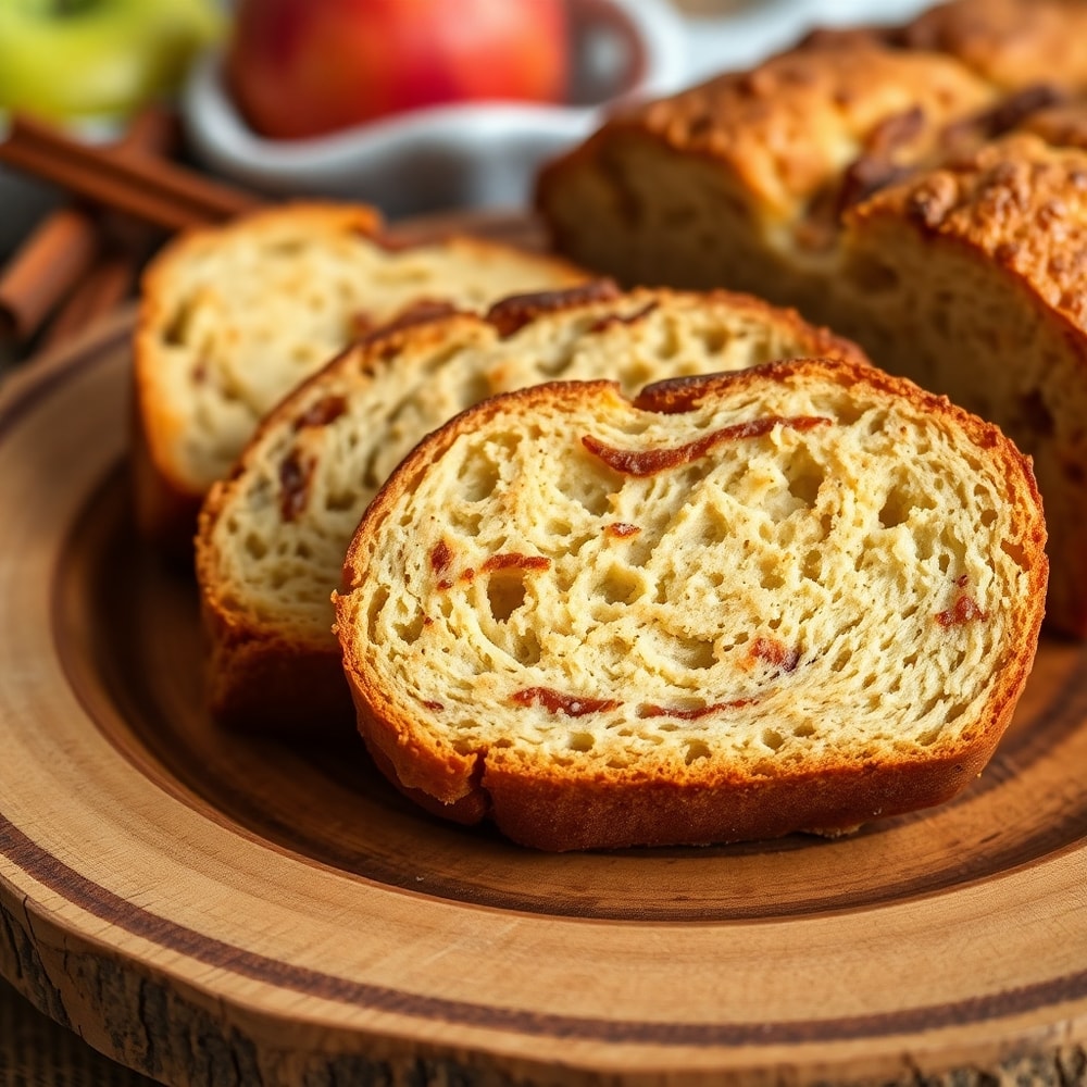 Sliced cinnamon apple bread on a rustic wooden plate