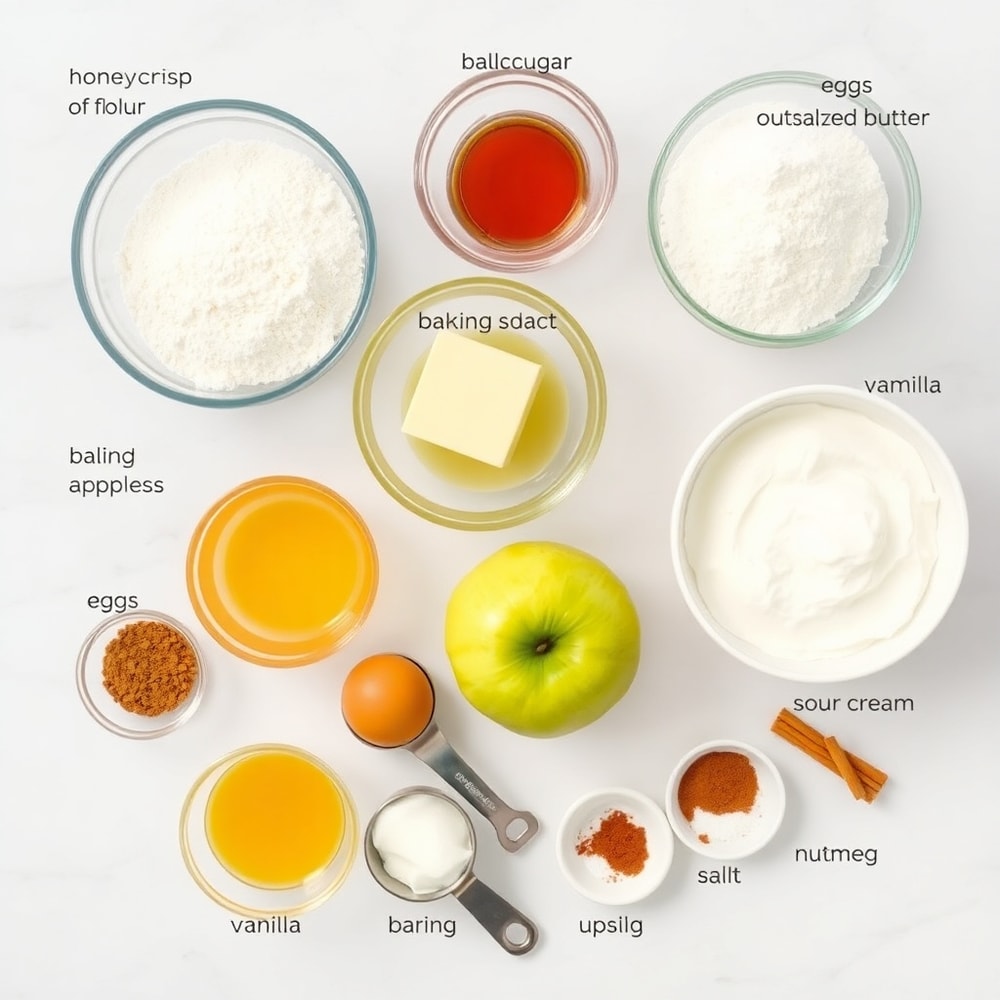 Raw ingredients for cinnamon apple bread: apples, flour, sugar, cinnamon, eggs