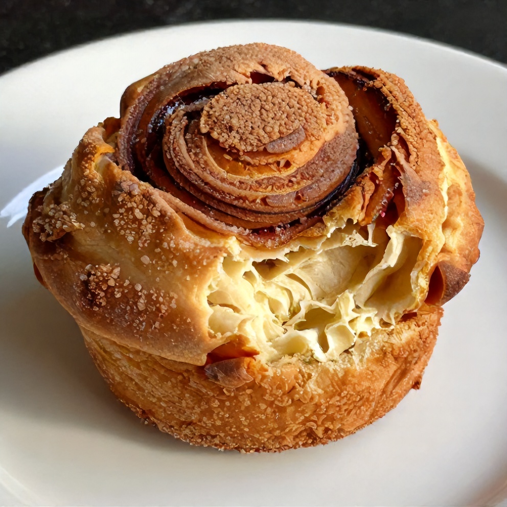 Cinnamon sugar cruffin on a white plate