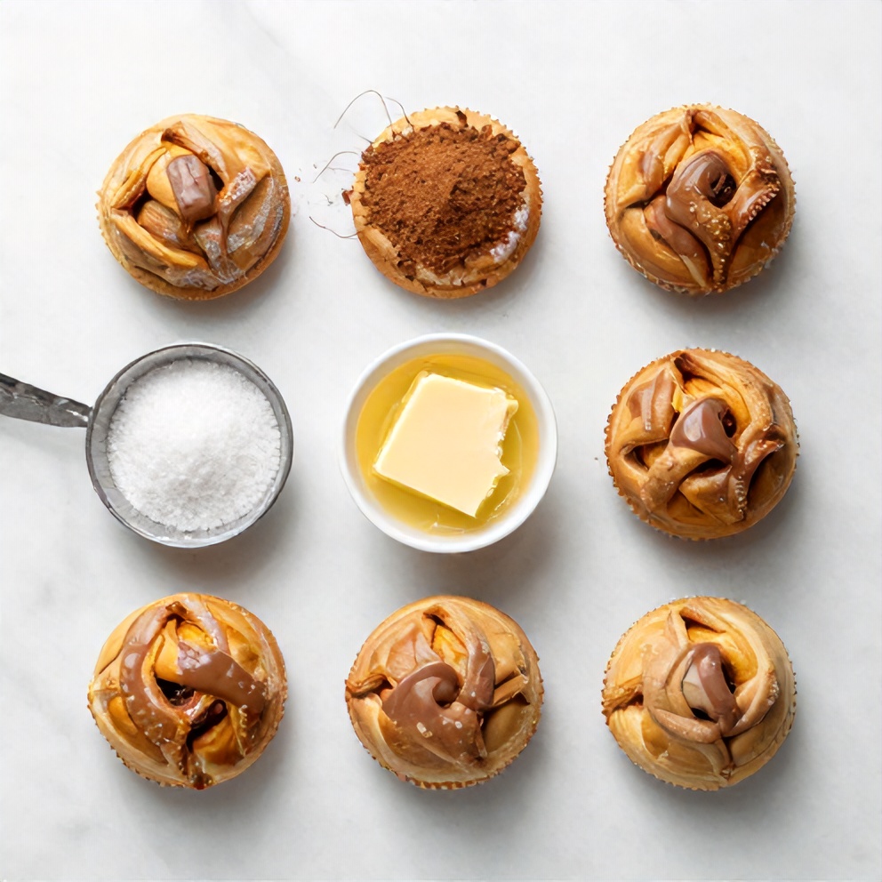 Raw ingredients for cinnamon sugar cruffins on a white marble surface