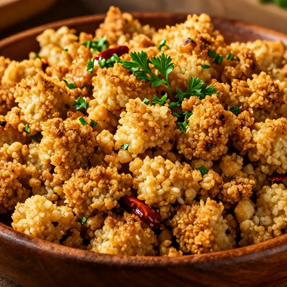 Plated serving of classic homemade stuffing with a garnish of fresh herbs