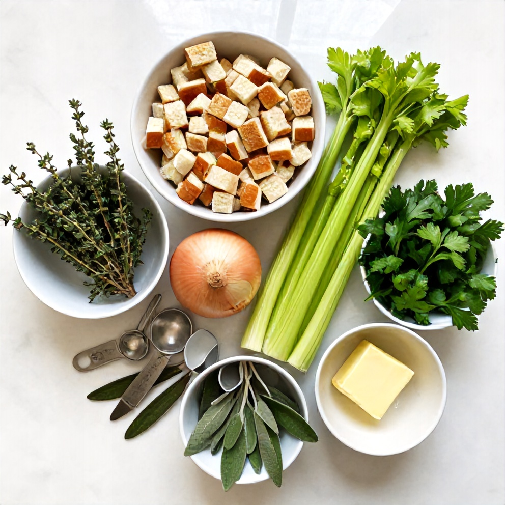 Raw ingredients for classic homemade stuffing arranged in a flat lay