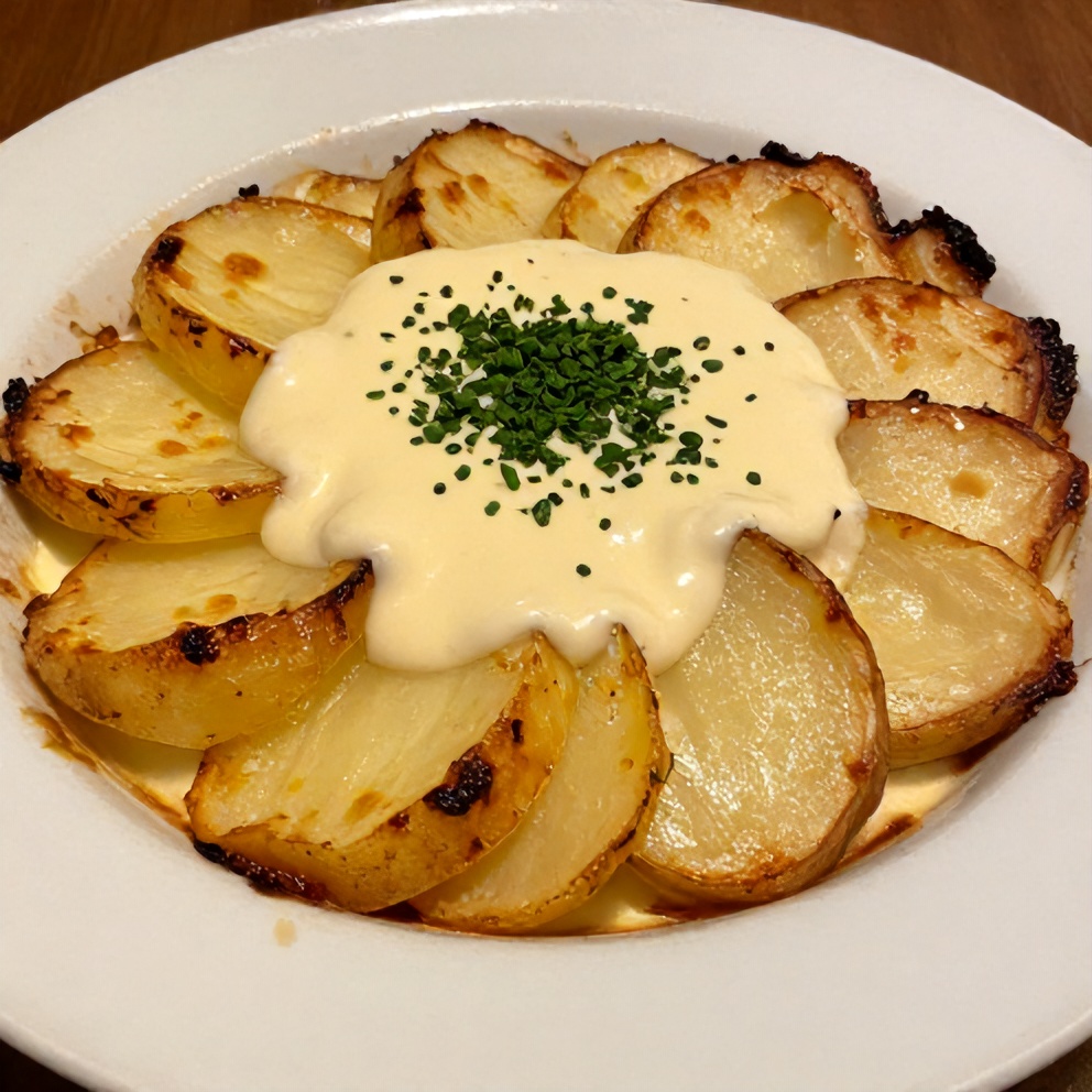 Sliced classic potato gratin with creamy sauce
