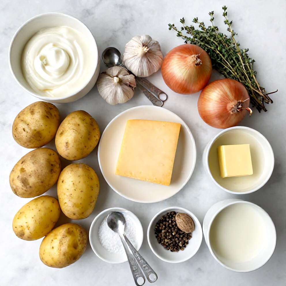 Raw ingredients for classic potato gratin