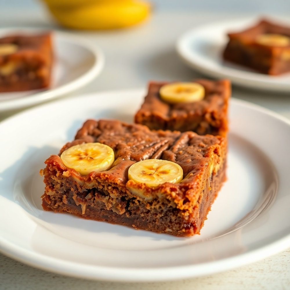 A perfect serving of Banana Bread Brownies on a white plate