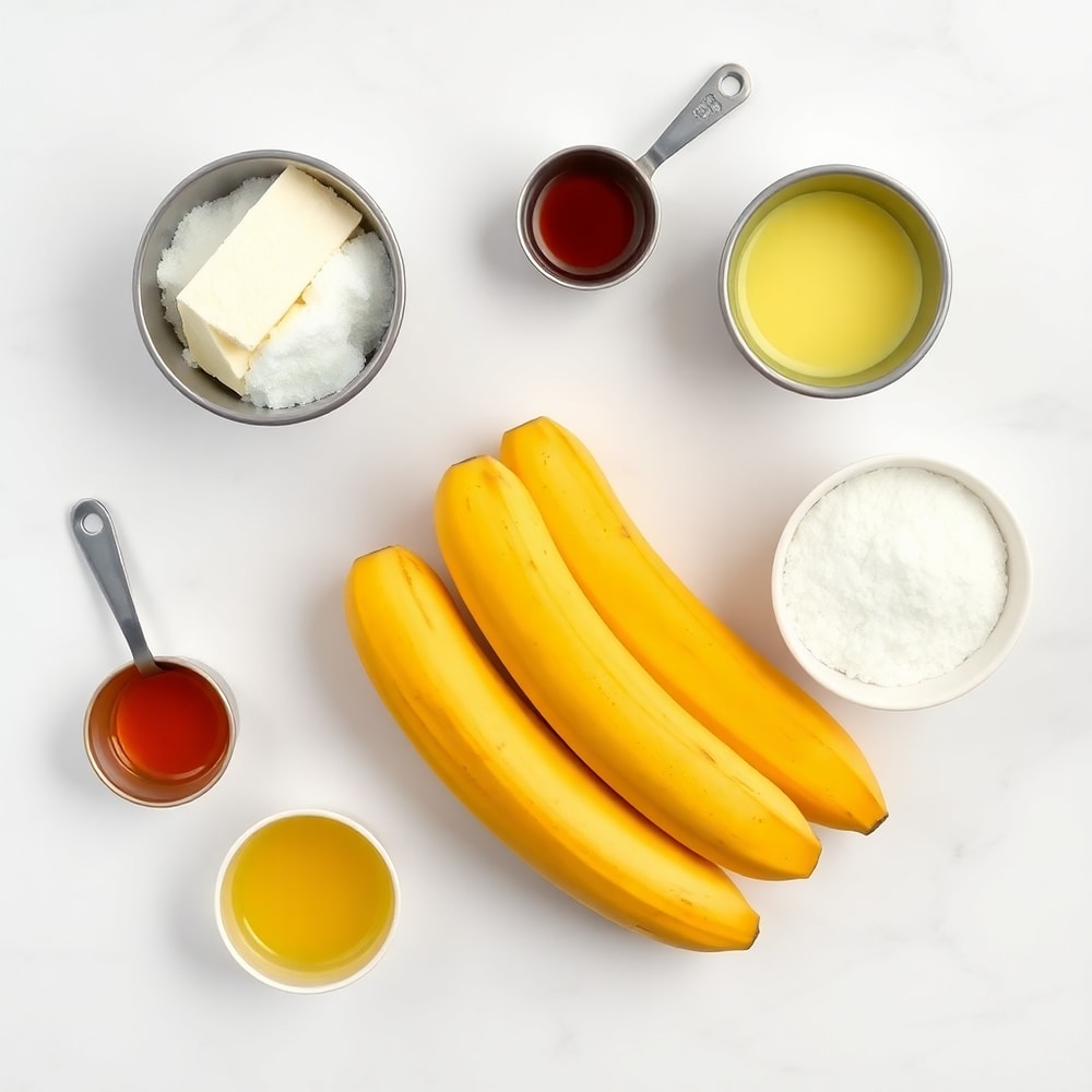 Overhead shot of ripe bananas, melted butter, sugar, eggs, and vanilla extract on a white marble surface