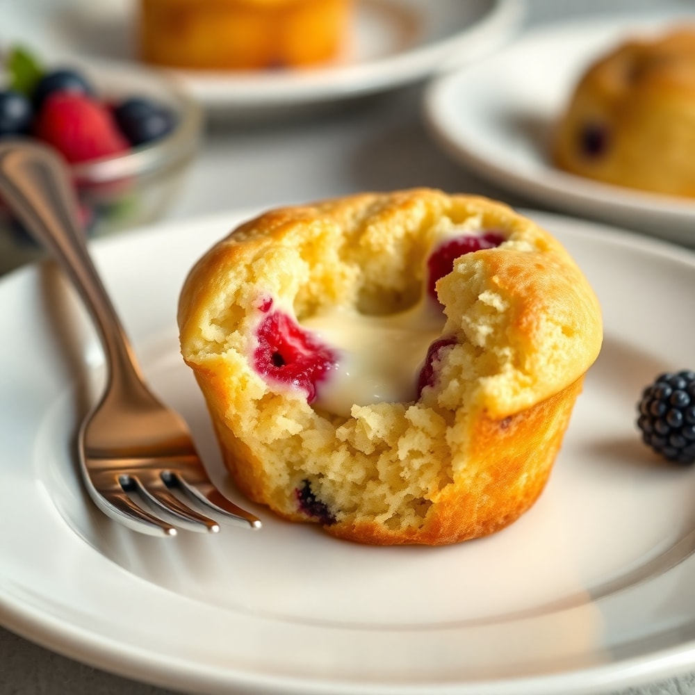 Plated berry cream cheese muffin with a melted cream cheese center