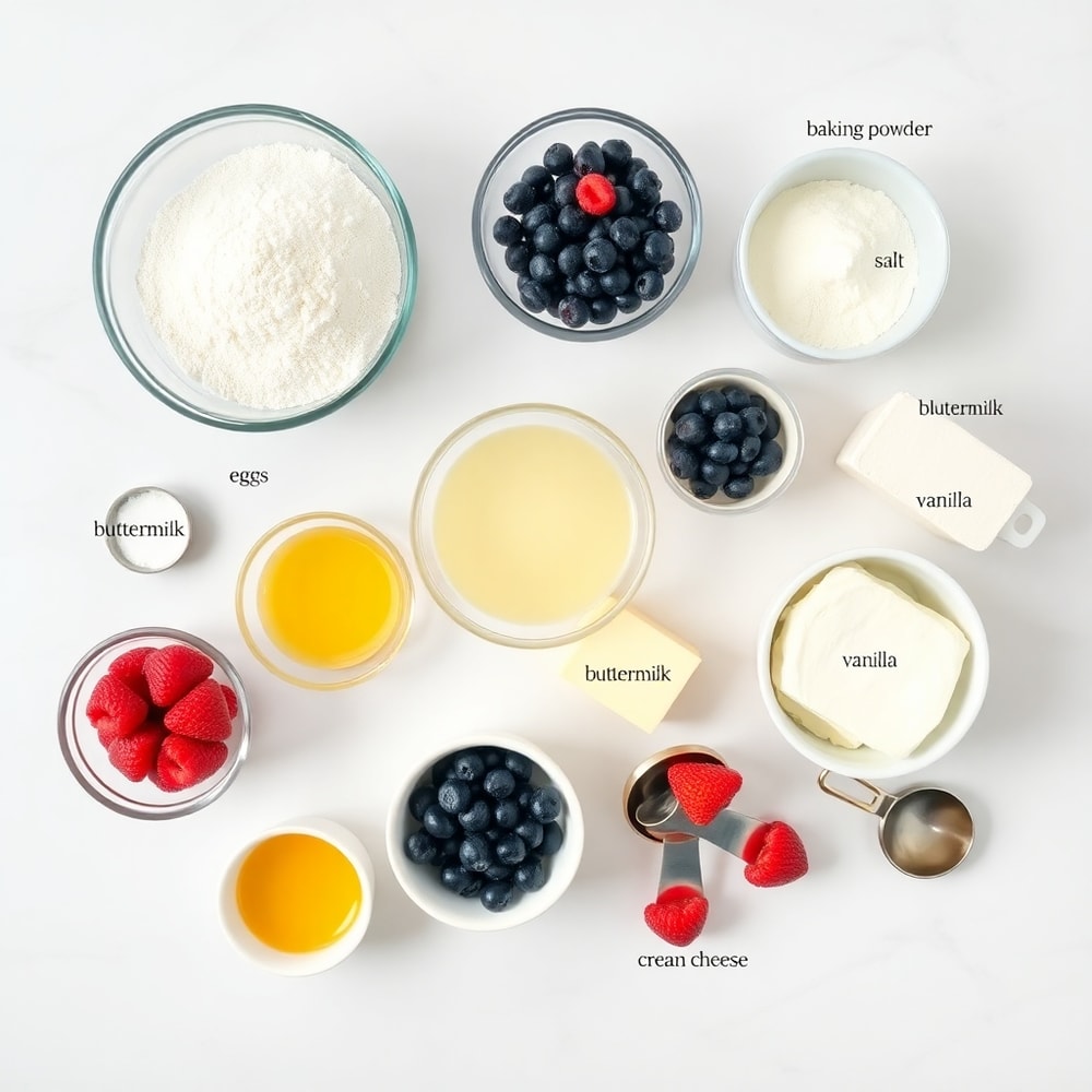 Raw ingredients for berry cream cheese muffins on a marble surface