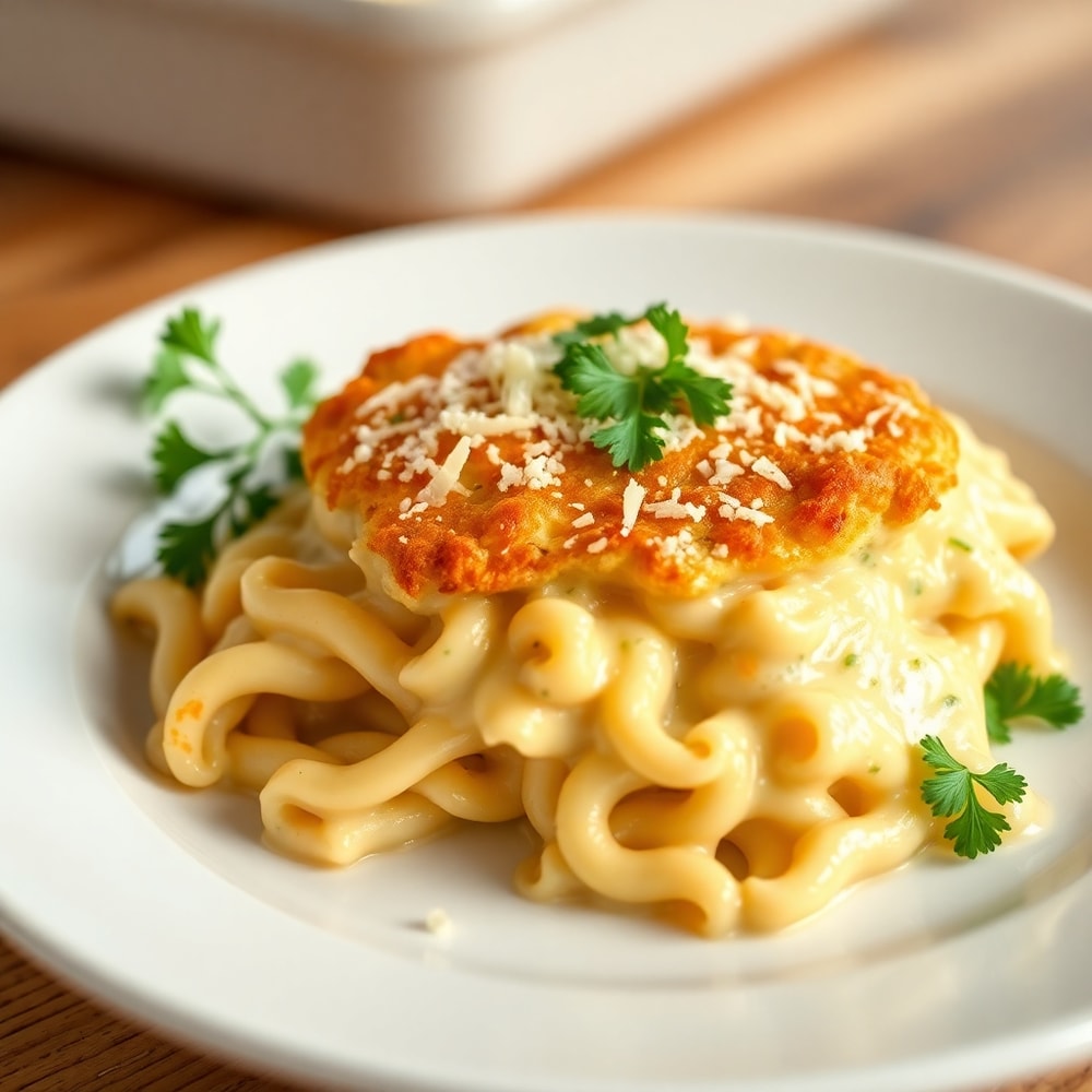 Plated serving of creamy chicken pasta bake