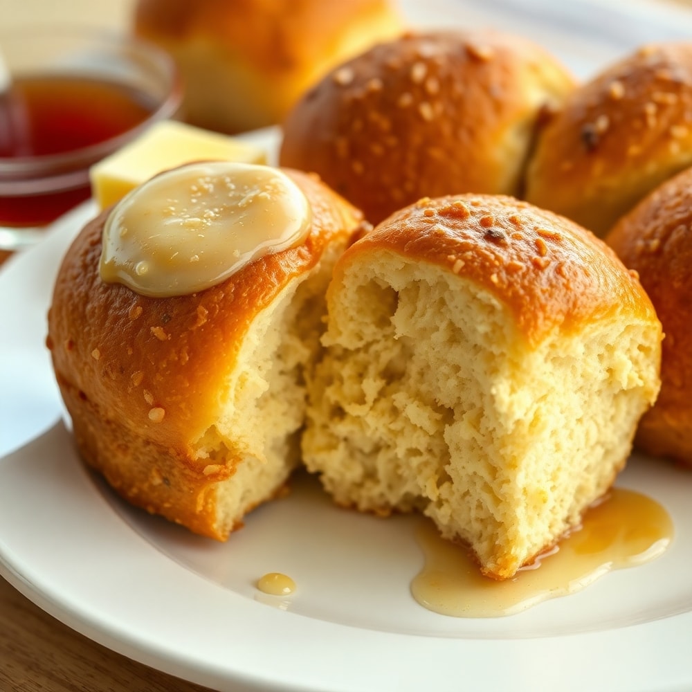 Plated Oatmeal Molasses Rolls with melted butter and warm syrup