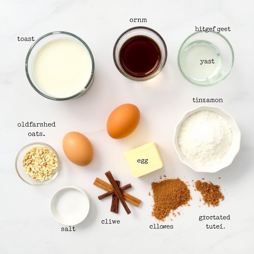 Raw ingredients for Oatmeal Molasses Rolls including oats, molasses, and warm milk