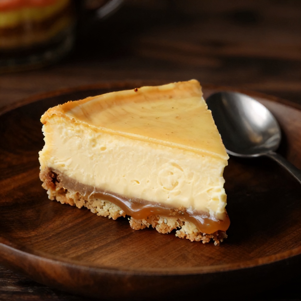 Plated Salted Caramel Cheesecake Bars with a spoon