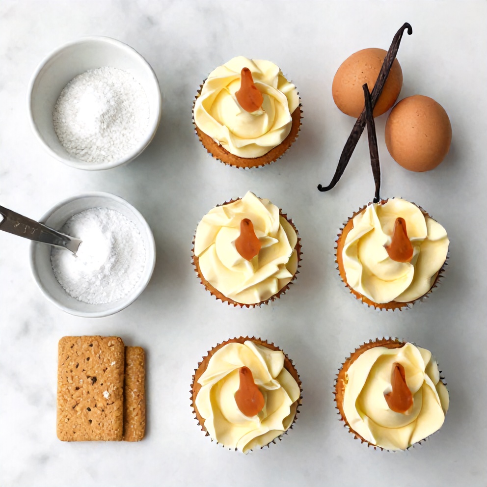 Overhead flat lay of the raw ingredients for Vanilla Bean Crème Brûlée Cheesecake Cupcakes, including cream cheese, sugar, eggs, vanilla beans, and graham crackers.