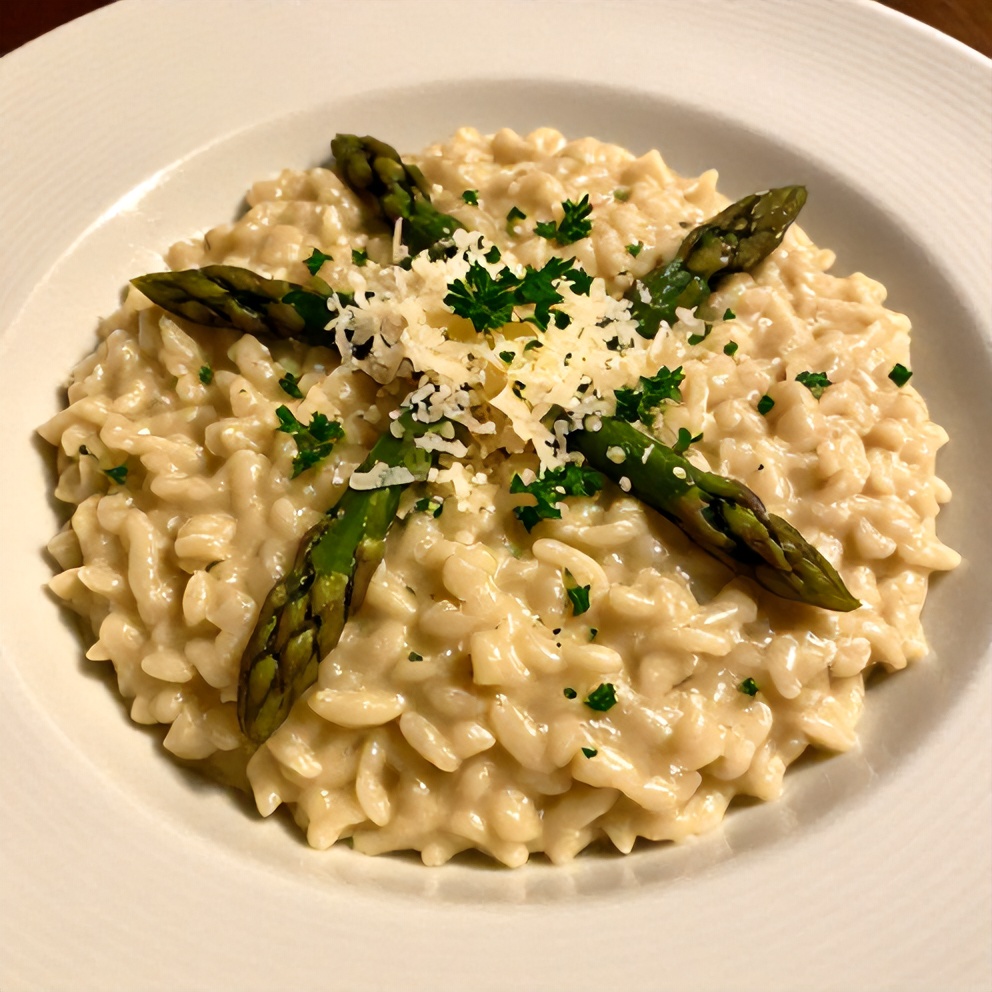 A serving of creamy asparagus risotto on a pasta bowl