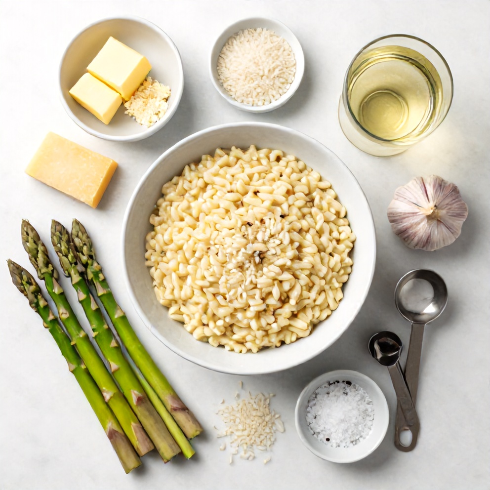 Raw ingredients for creamy asparagus risotto on a marble surface