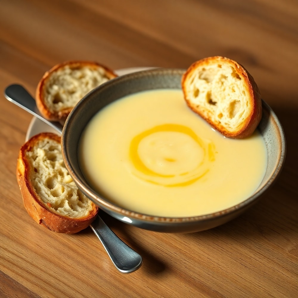 Bowl of creamy baked potato soup with a side of crusty bread
