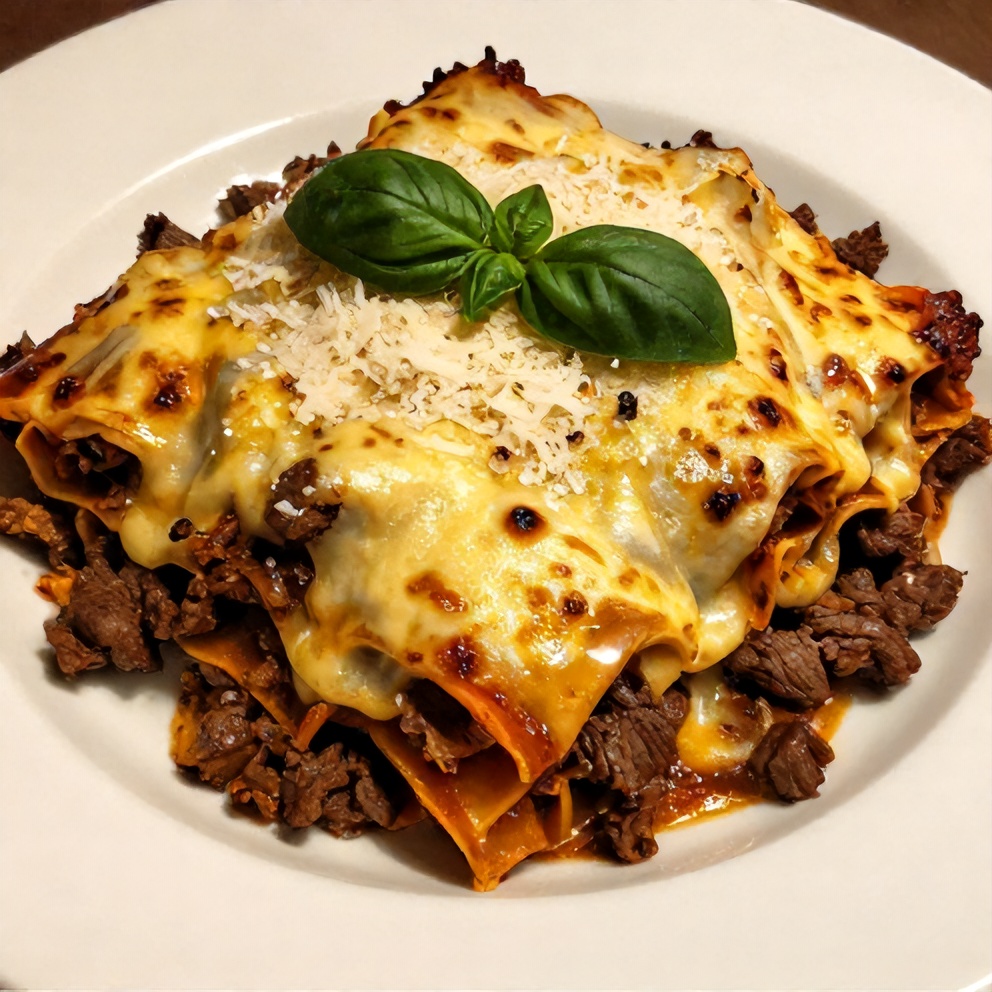 Plated creamy beef lasagna with fresh basil and grated parmesan