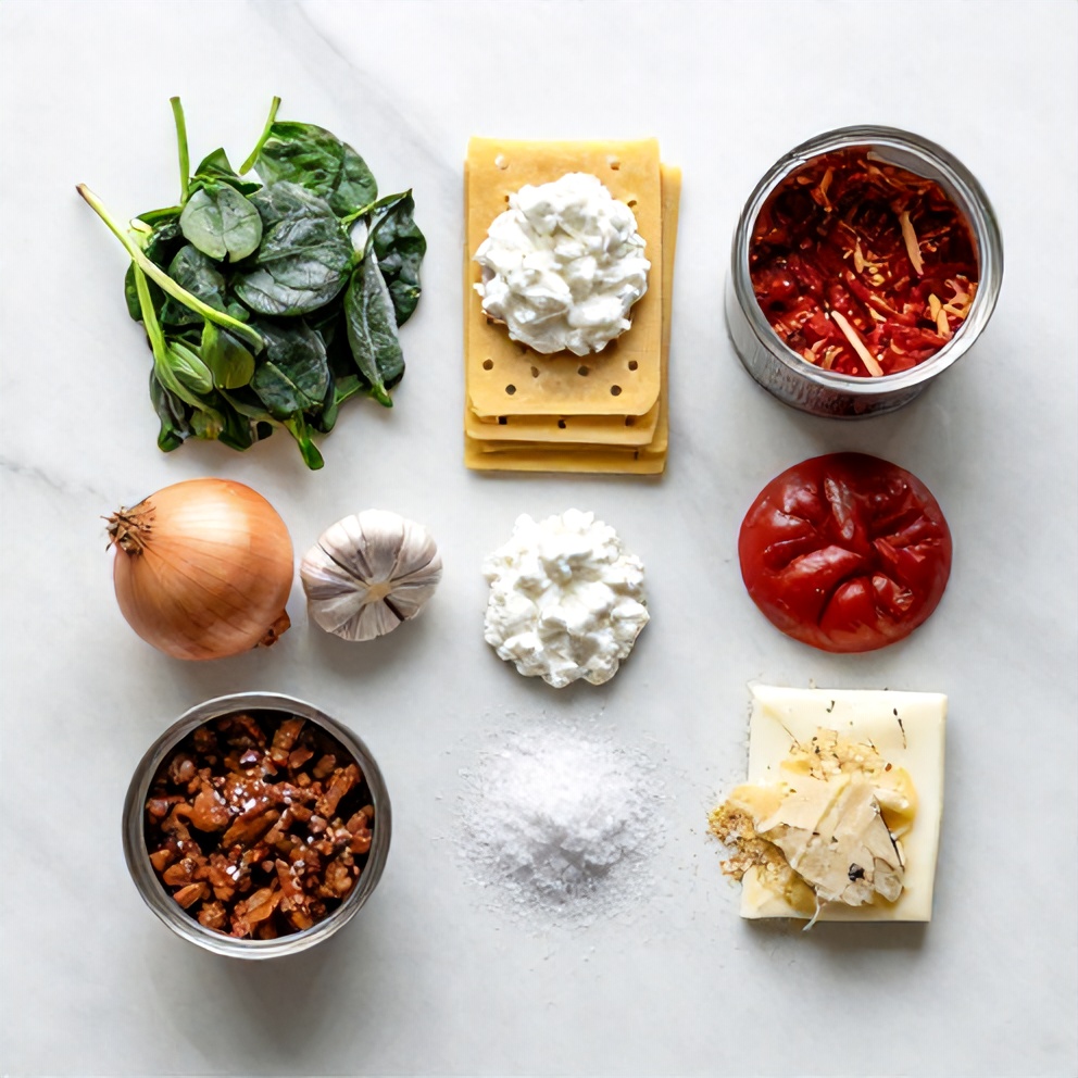 Raw ingredients for creamy beef lasagna: ground beef, lasagna noodles, ricotta, spinach, onions, garlic, canned tomatoes, mozzarella, parmesan, salt, pepper, and Italian seasoning