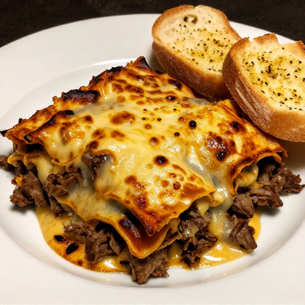 Plated creamy beef lasagna with garlic bread