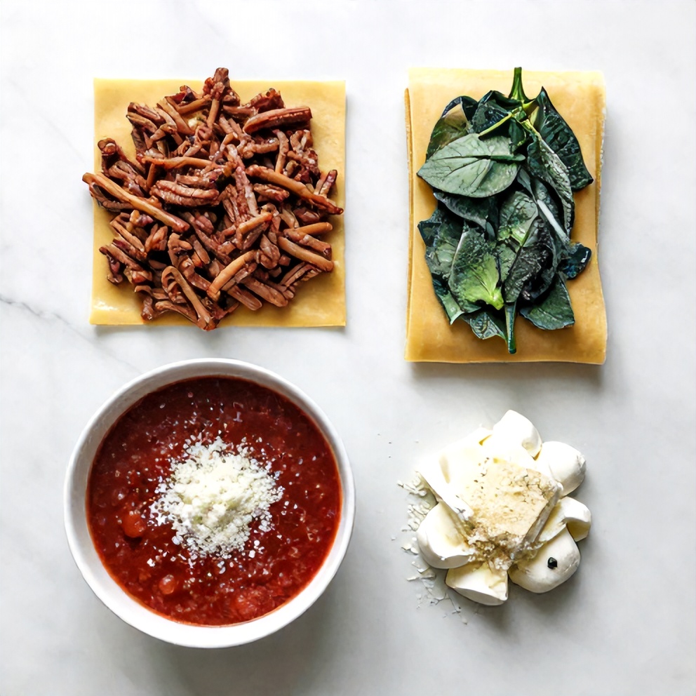 Raw ingredients for creamy beef lasagna: ground beef, lasagna noodles, ricotta, spinach, marinara sauce, mozzarella, parmesan