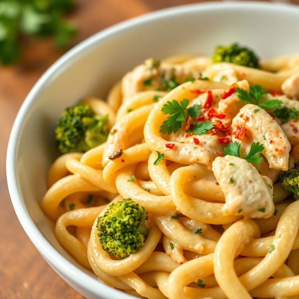 Creamy Broccoli Chicken Penne Pasta Served