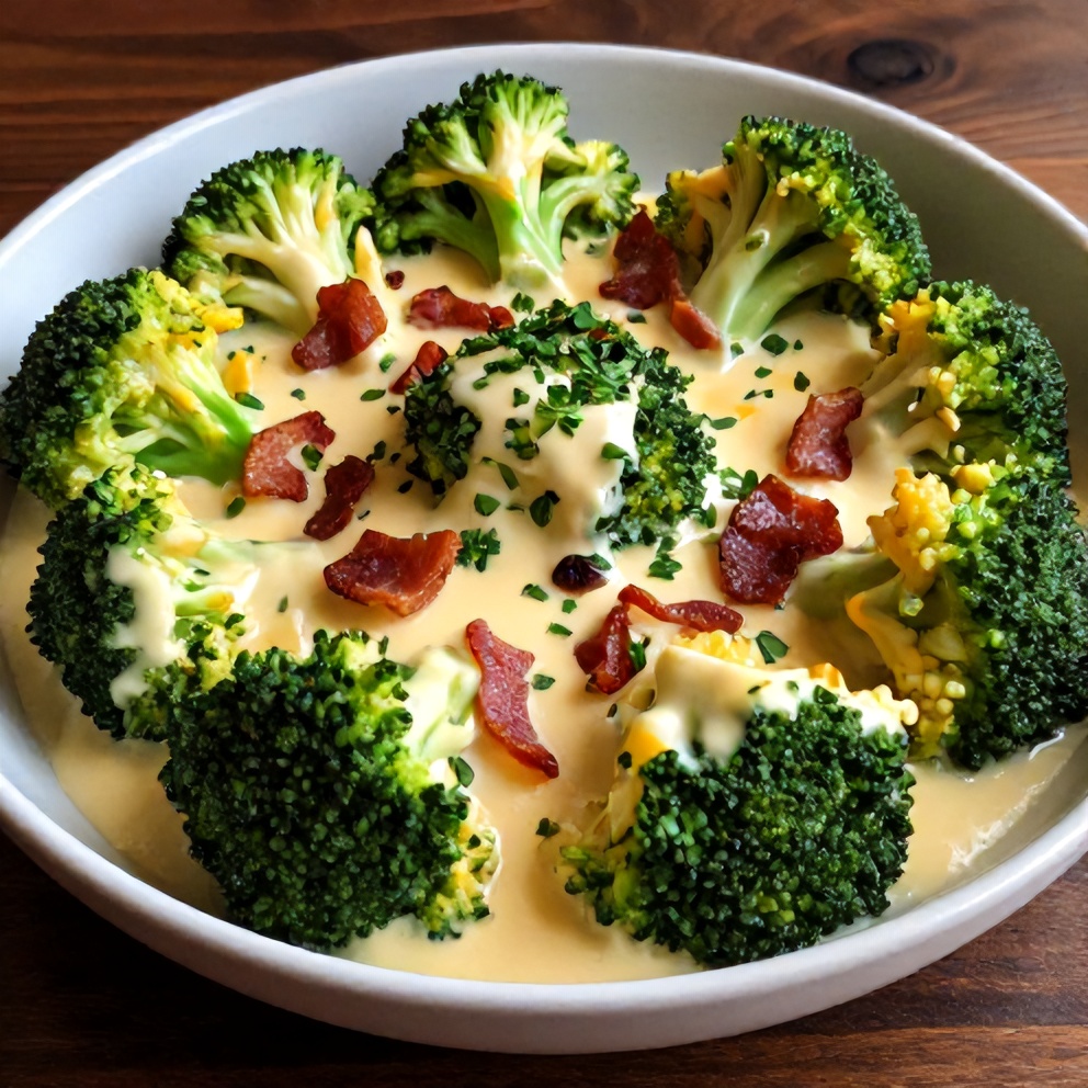 Plated Creamy Broccoli with Bacon and Cheese