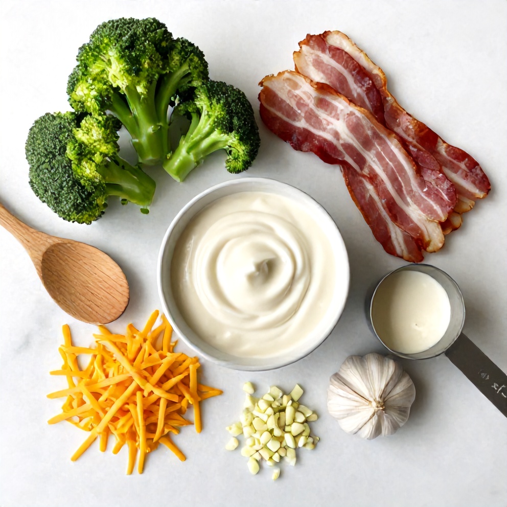 Raw Ingredients for Creamy Broccoli with Bacon and Cheese