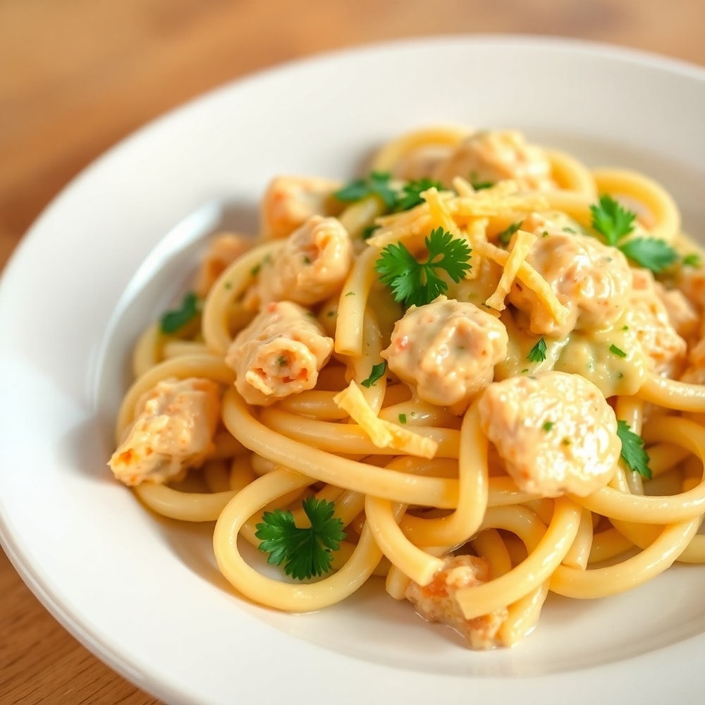 Plated serving of Creamy Crack Chicken Pasta