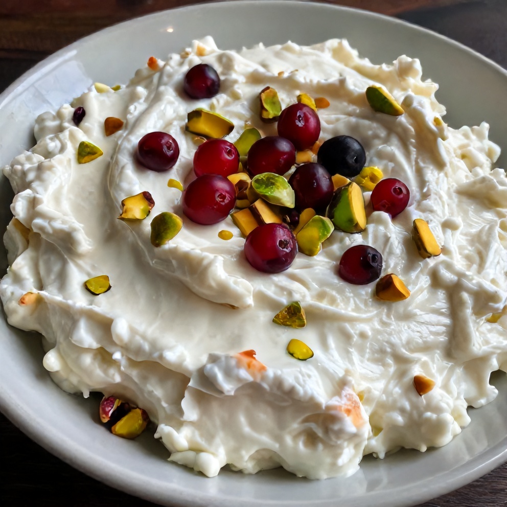 One perfect serving of the finished Creamy Cranberry Whipped Feta Dip on a holiday-themed plate, garnished with fresh cranberries and chopped pistachios, with warm side lighting highlighting the creamy texture.